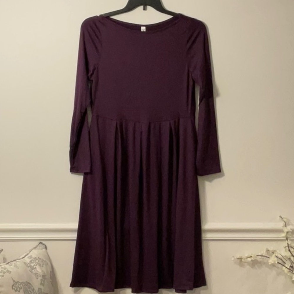Purple A-Line Long Sleeve Crew Neck Dress